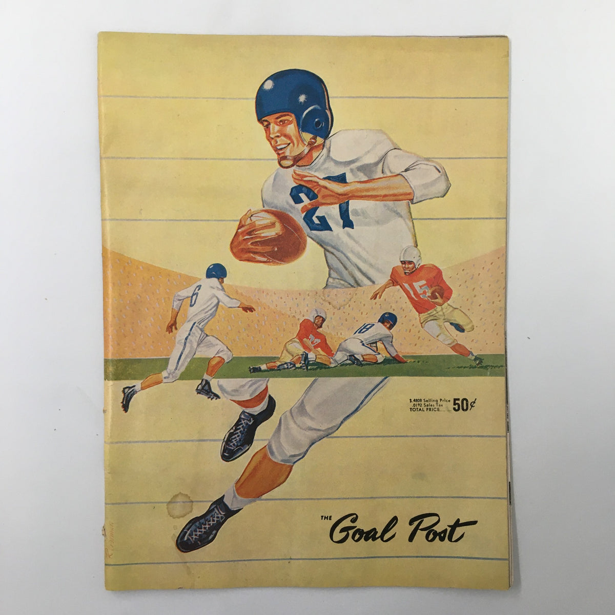 Illustration of a football player in action, representing the October 19, 1957 NCAA Football matchup between Oregon State Beavers and UCLA Bruins, featured in The Goal Post collectible.