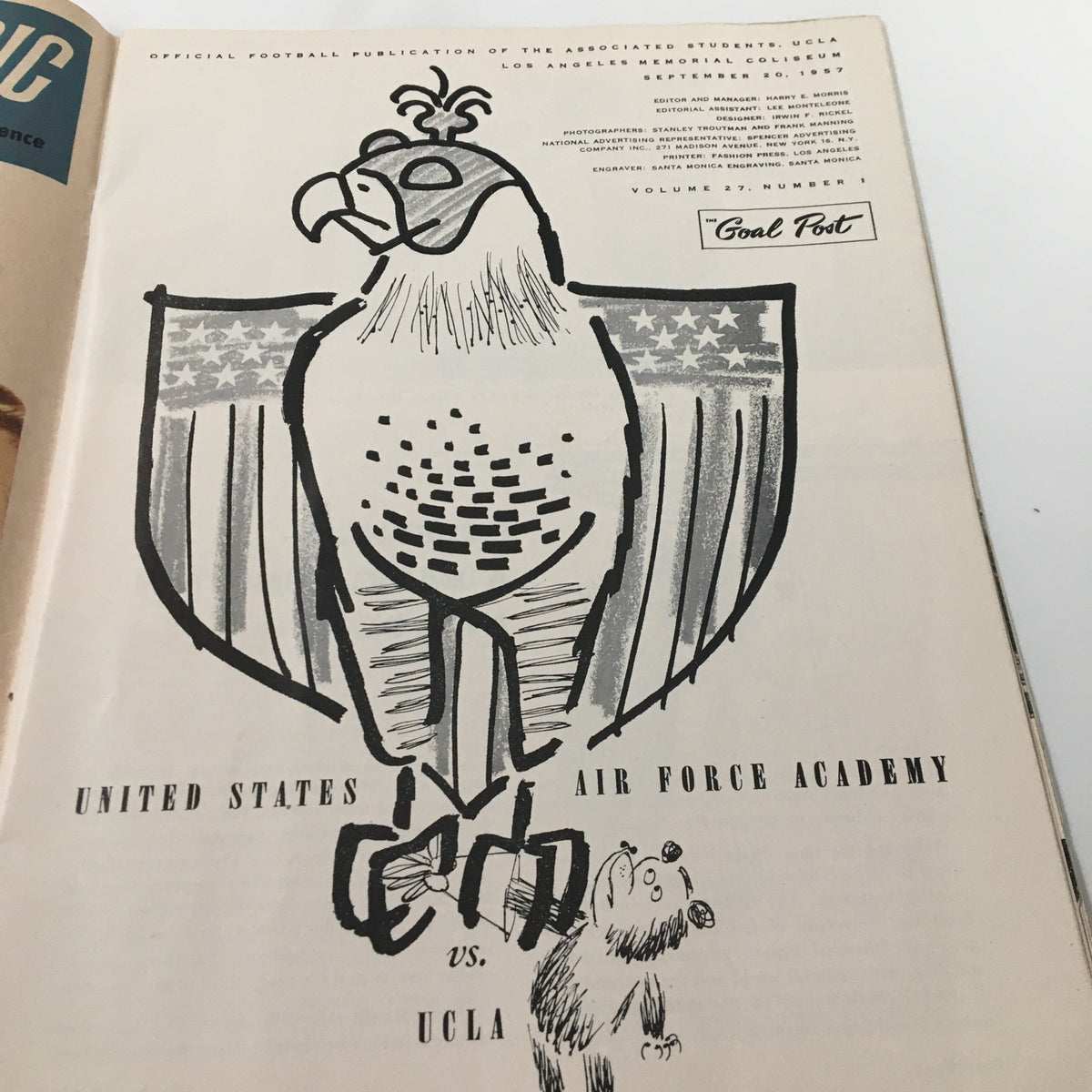 Illustration from the October 19 1957 NCAA Football game program featuring a stylized eagle and mascot for the United States Air Force Academy vs. UCLA Bruins, titled 'Goal Post'.