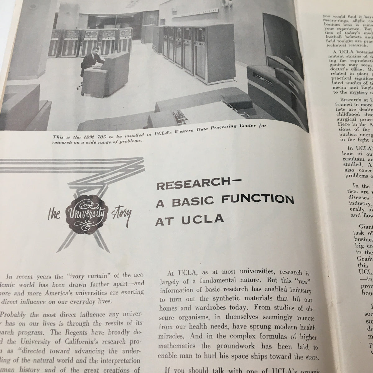 Historic photograph showcasing the IBM 765 computer installed at UCLA's Western Data Processing Center, featured in the October 19 1957 NCAA Football program.