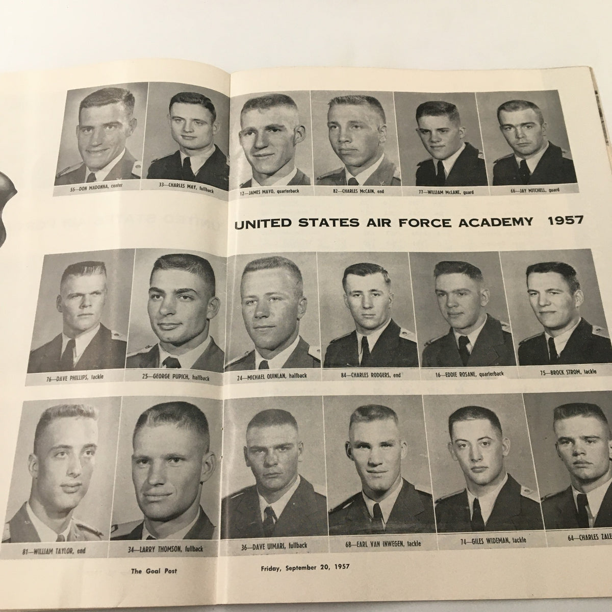 A page from the October 19 1957 NCAA Football program featuring photographs of the United States Air Force Academy football team players.