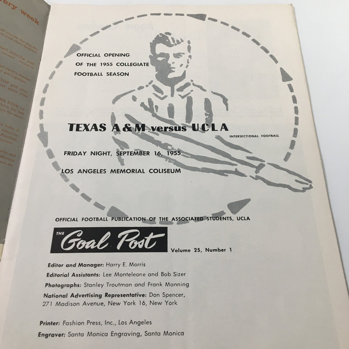 Inside page of September 16 1955 NCAA Football The Goal Post displaying the official opening information of the game.