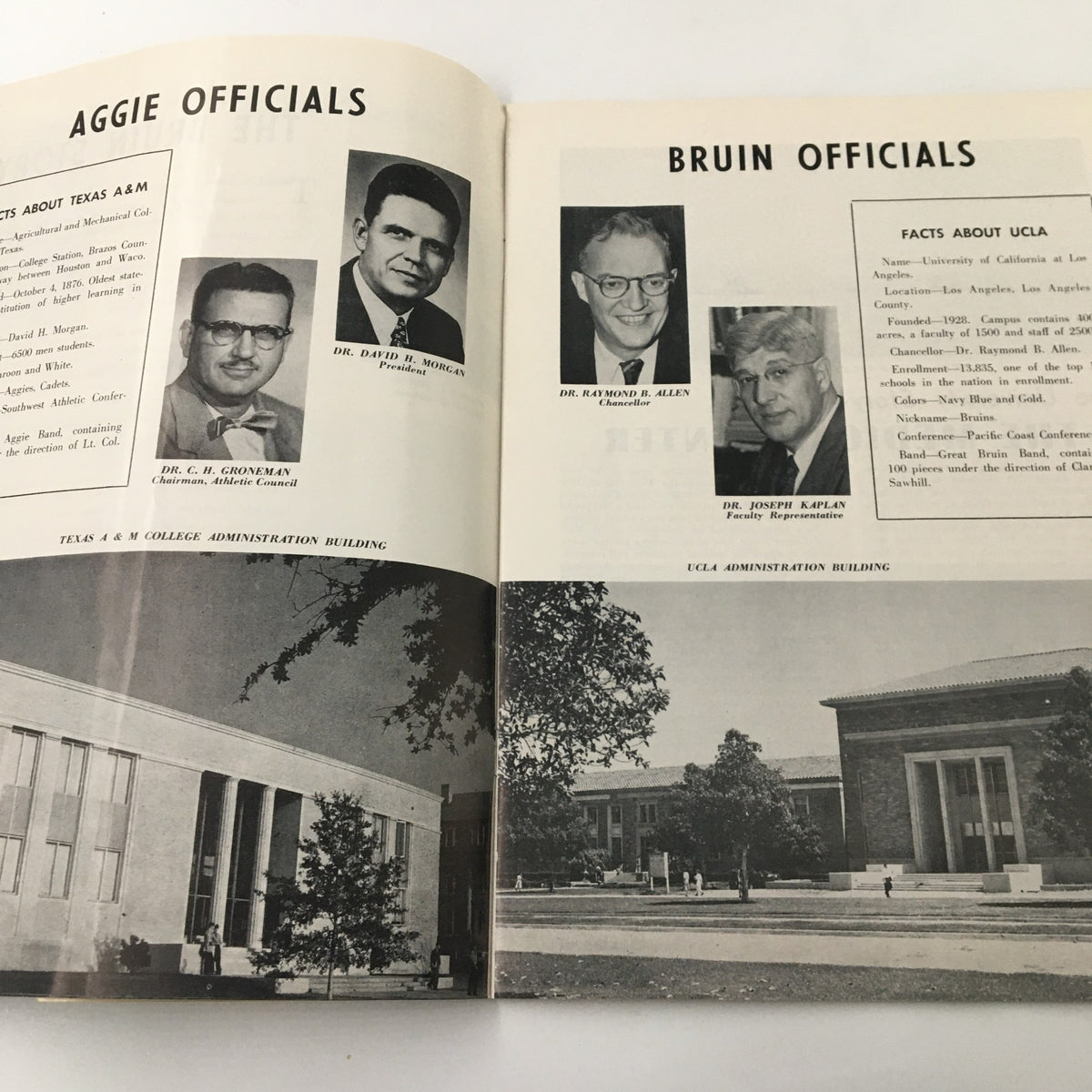 Page featuring Aggie and Bruin officials from the September 16, 1955 NCAA Football Texas A&M Aggies vs UCLA Bruins matchup, showcasing notable figures and historical context.