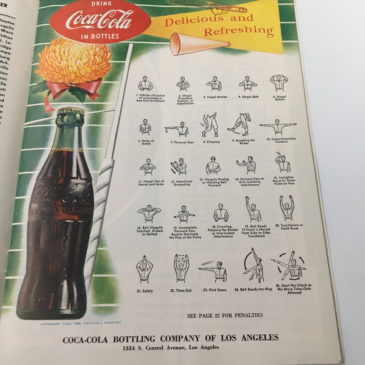 Advertisement for Coca-Cola from the September 16, 1955 NCAA Football Texas A&M Aggies vs UCLA Bruins program, illustrating various actions with a classic glass bottle.