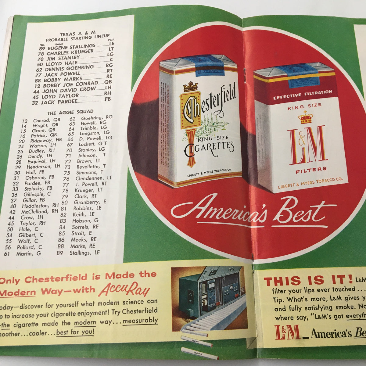 Advertisement page featuring Chesterfield cigarettes within the context of the September 16, 1955 NCAA Football Texas A&M Aggies vs UCLA Bruins collectible.