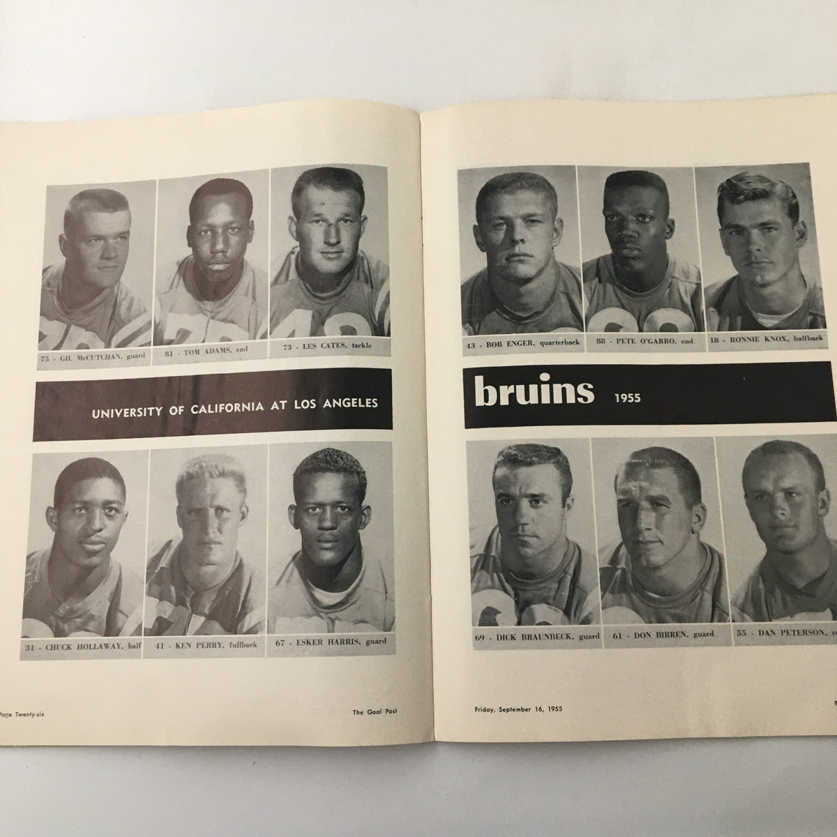 Images of UCLA Bruins football players from the 1955 NCAA matchup featuring Texas A&M Aggies, showcasing team members and their portraits.