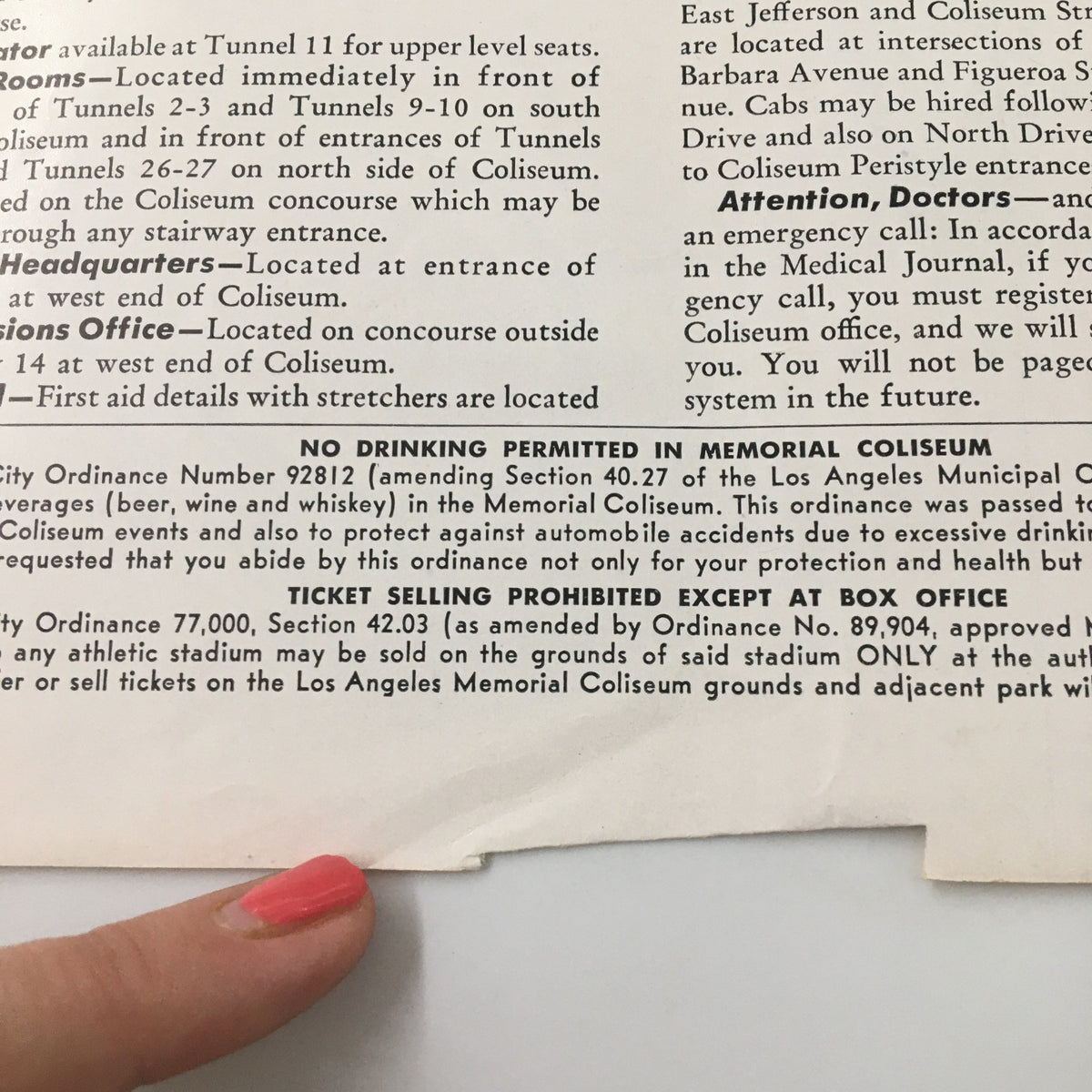 Image detailing rules and regulations for spectators at the Memorial Coliseum during the September 16, 1955 NCAA Football game between Texas A&M Aggies and UCLA Bruins.