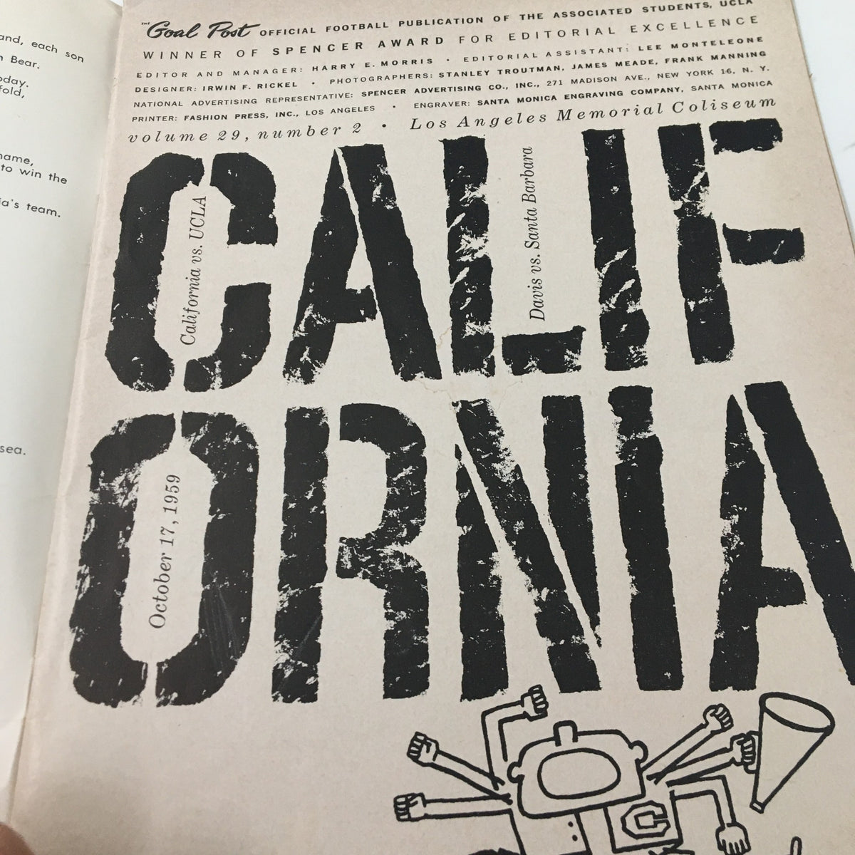 Inside page of the October 17 1959 NCAA Football booklet highlighting the game details between California and UCLA, dated October 17, 1959.