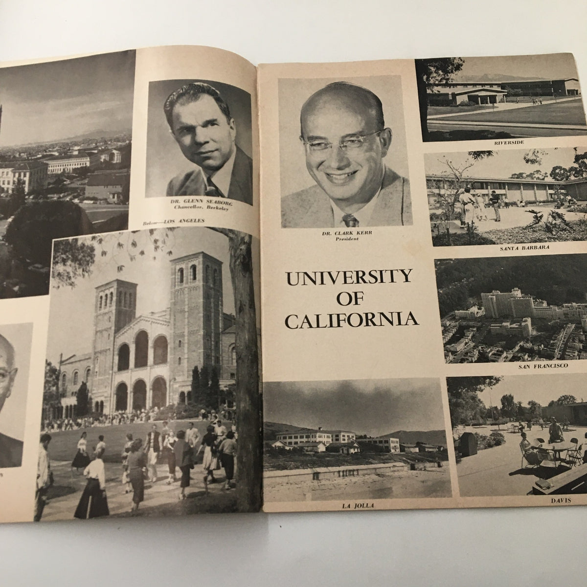 October 17 1959 NCAA Football California vs UCLA Bruins image featuring the University of California and Dr. Glenn T. Seaborg, along with college landmarks.