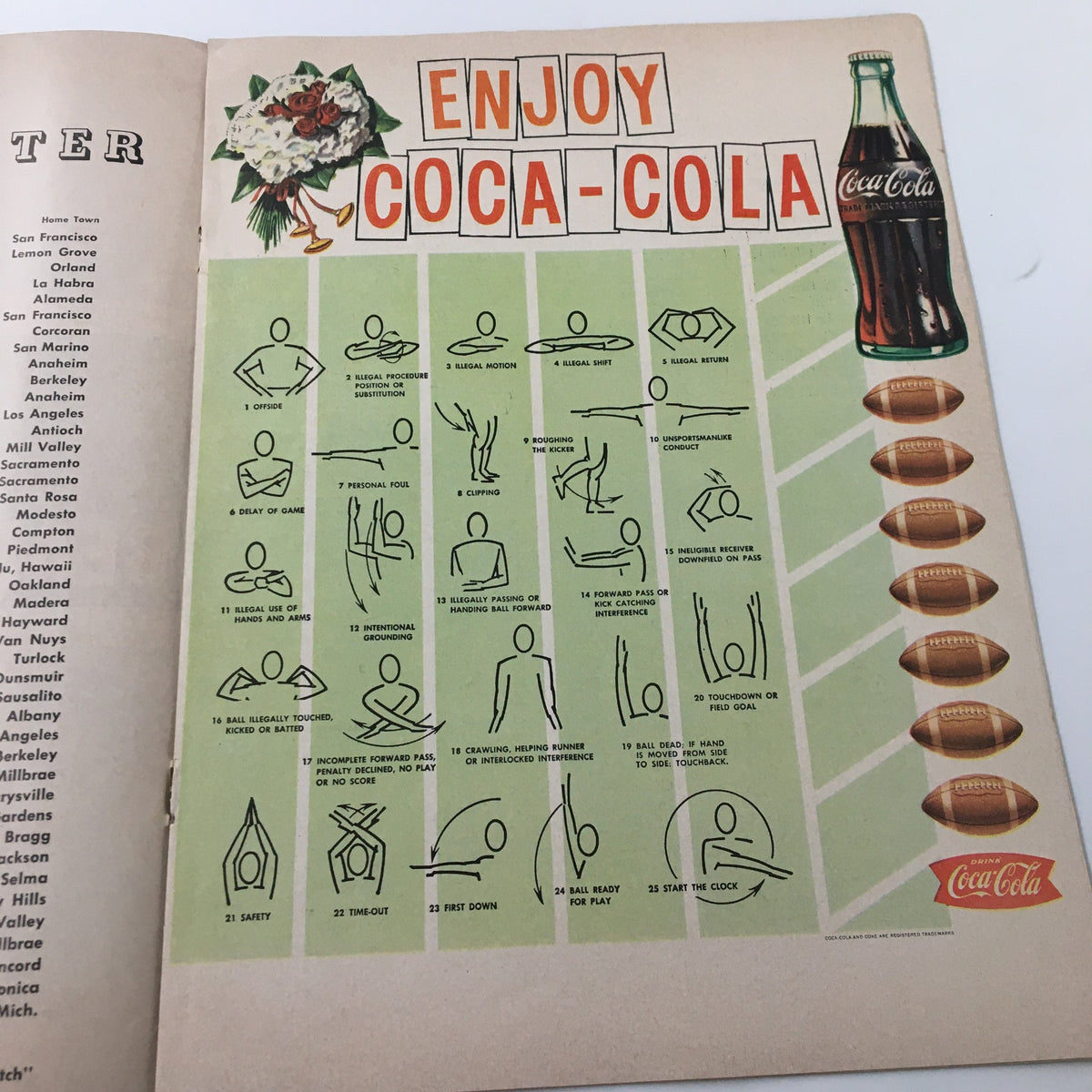 October 17 1959 NCAA Football California vs UCLA Bruins image showcasing a Coca-Cola advertisement with game rules illustrations.