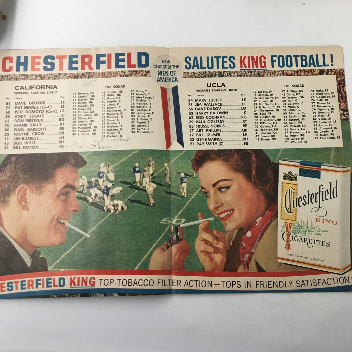 October 17 1959 NCAA Football California vs UCLA Bruins image displaying the Chesterfield cigarette advertisement highlighting each team's lineup.