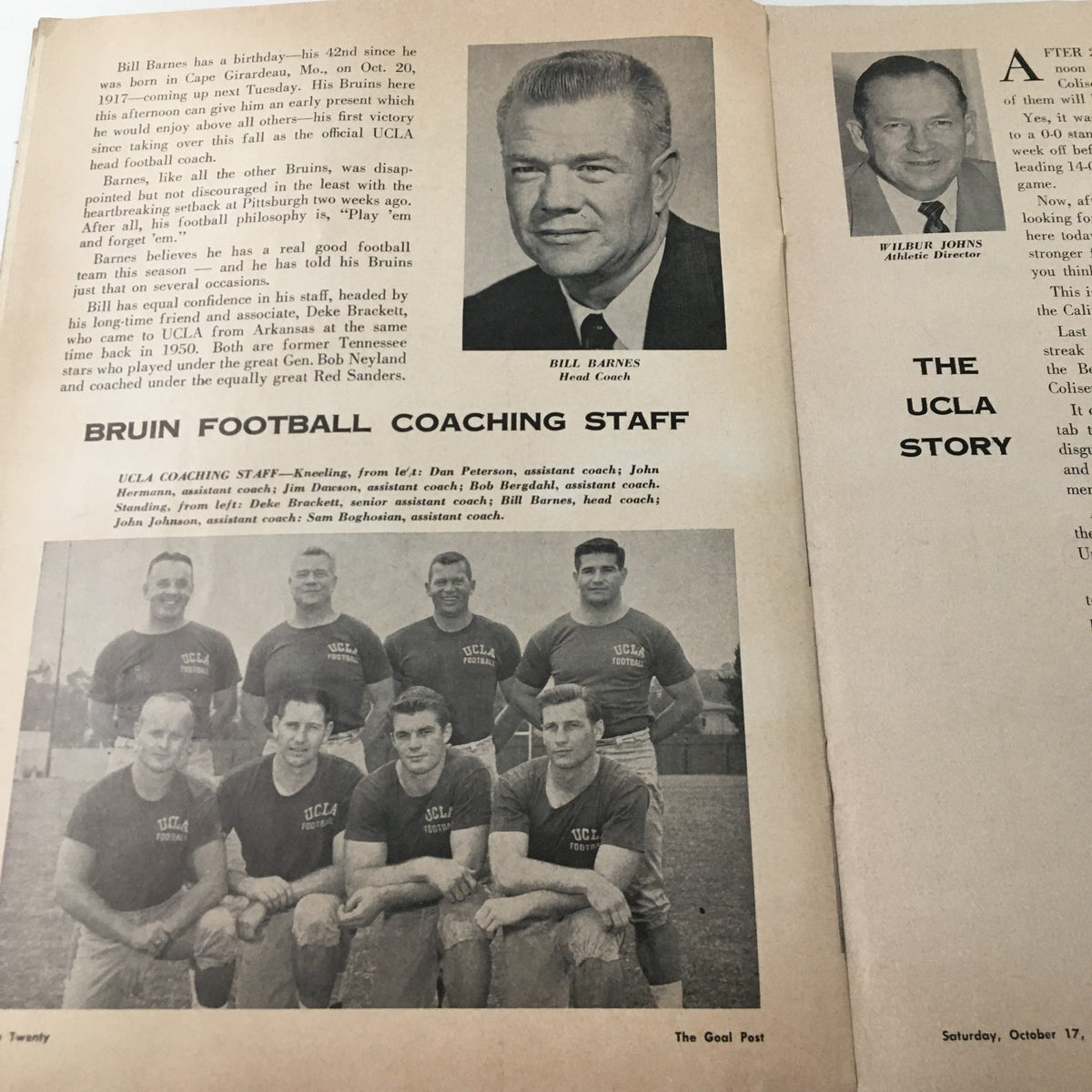 October 17 1959 NCAA Football California vs UCLA Bruins image featuring Bill Barnes, the head coach of UCLA, alongside the coaching staff.