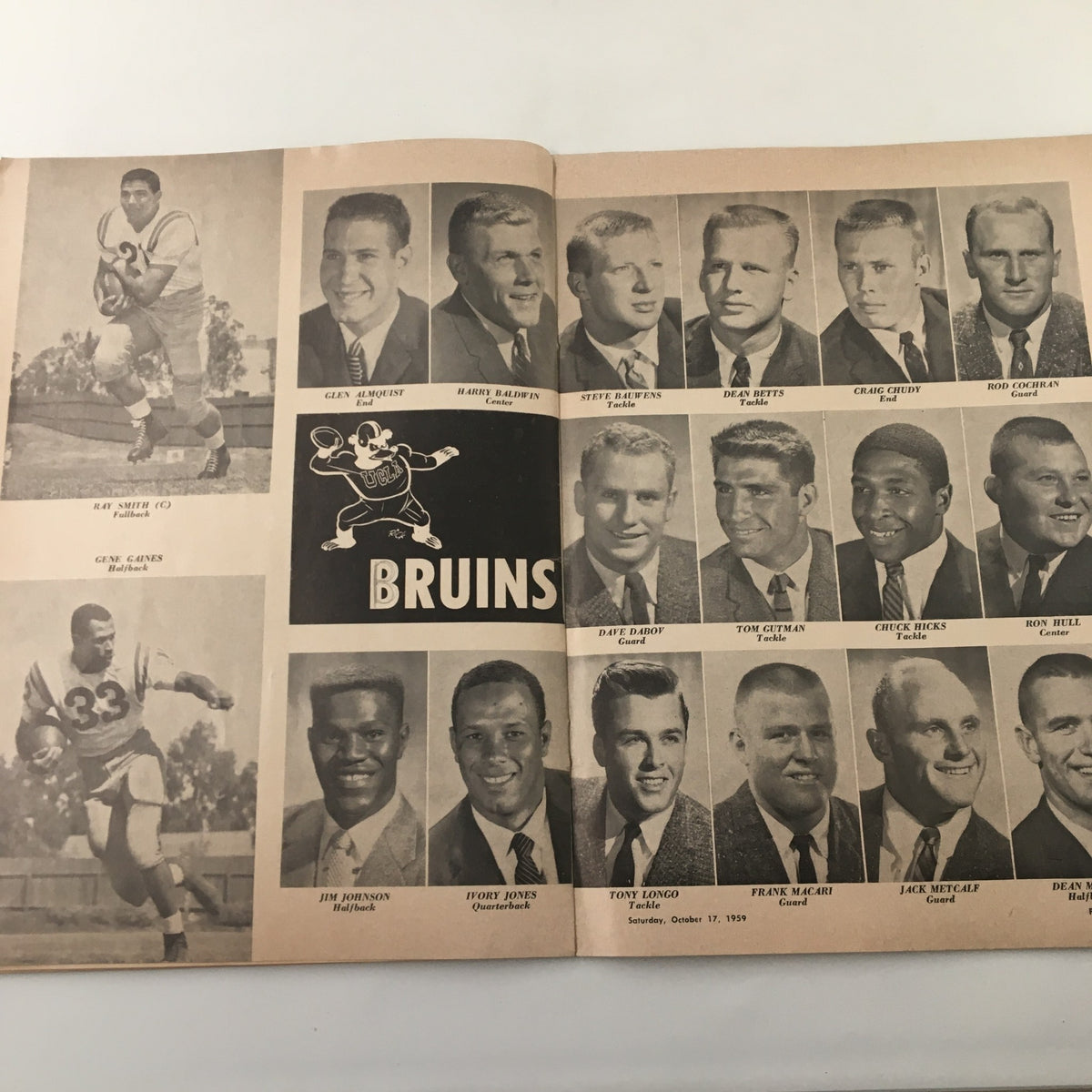 October 17 1959 NCAA Football California vs UCLA Bruins image featuring the UCLA Bruins team roster with player photos.