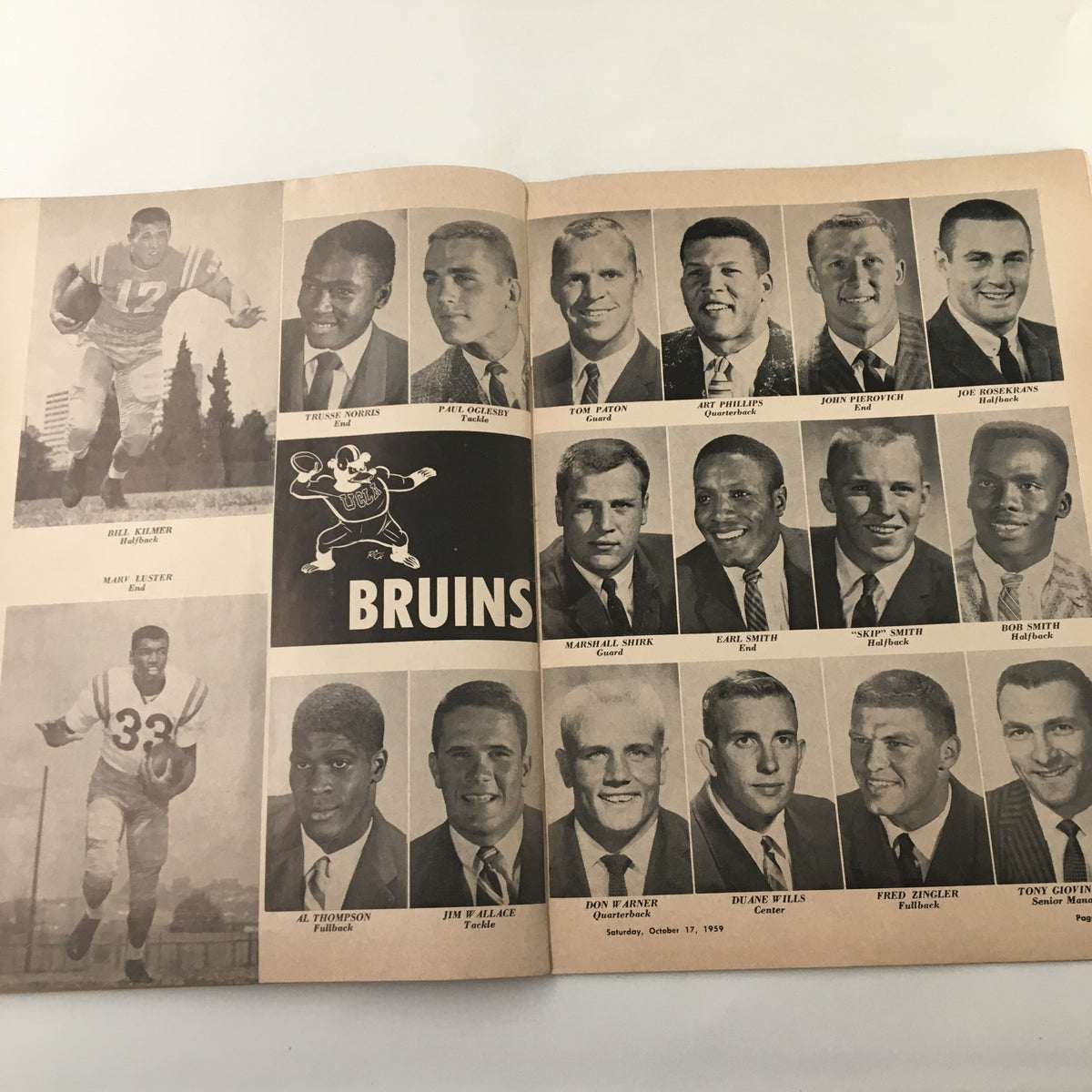 October 17 1959 NCAA Football booklet featuring player images from the UCLA Bruins football team, including notable players and their positions, showcasing a historical moment in college sports.
