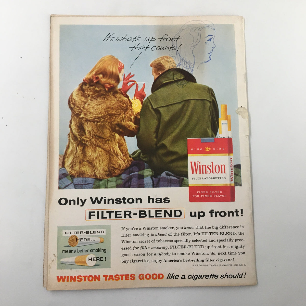 October 17 1959 NCAA Football collectible advertisement showing a couple discussing Winston cigarettes, illustrating a 1950s advertisement style relevant to the era of the football game.