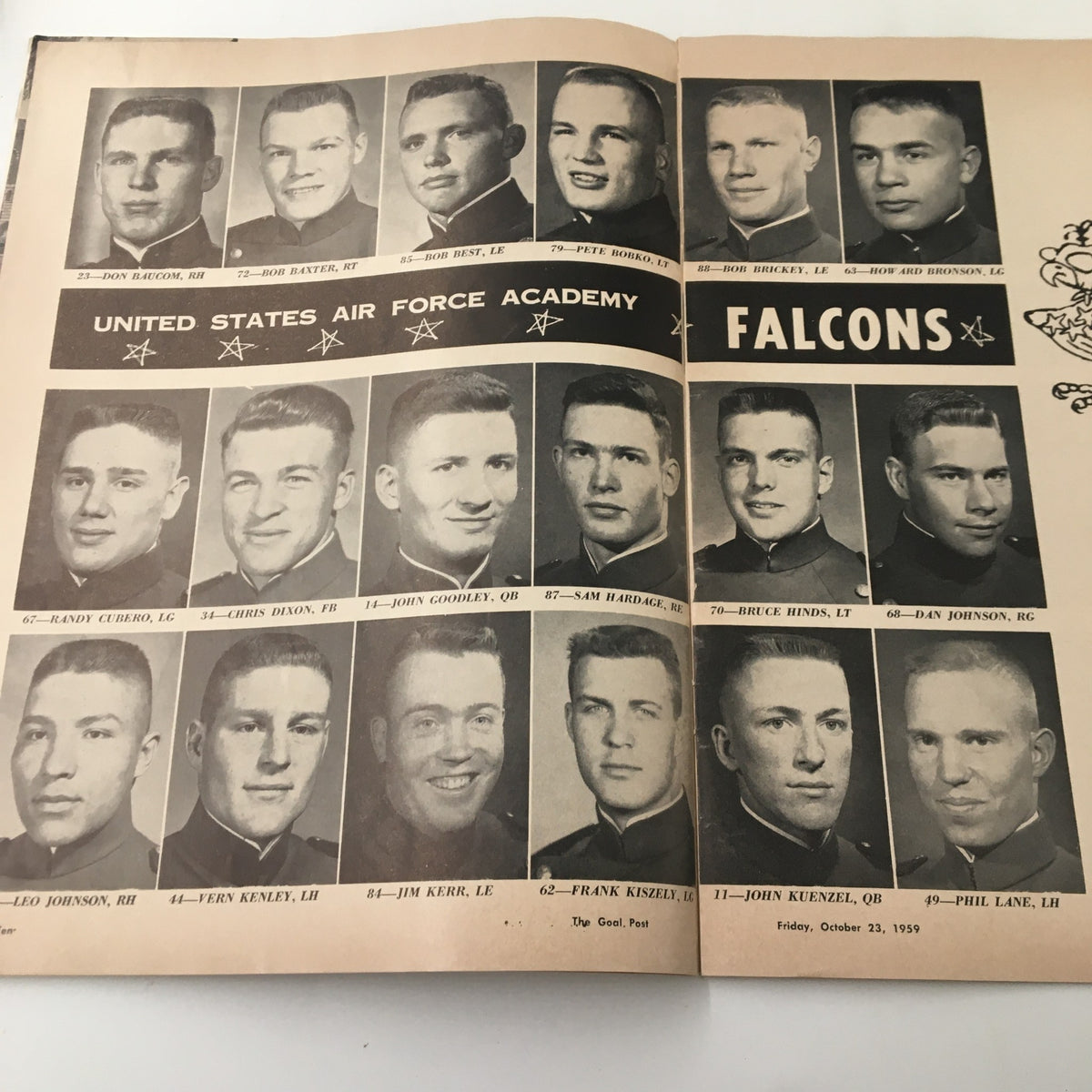 Team roster page from the October 23 1959 NCAA Football UCLA Bruins vs Air Force Falcons booklet displaying headshots of the Air Force Academy football team.