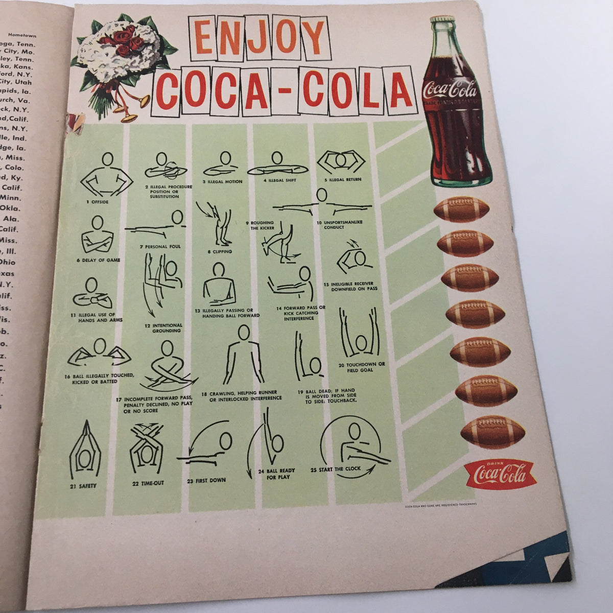 Advertisement page from the October 23 1959 NCAA Football UCLA Bruins vs Air Force Falcons booklet featuring Coca-Cola and football play diagrams.