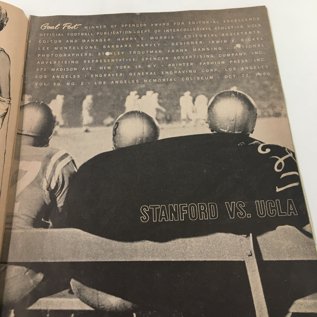 Page from the October 22, 1960 NCAA Football Stanford Cardinal vs UCLA Bruins The Goal Post showcasing the Stanford vs. UCLA match details and historical context.