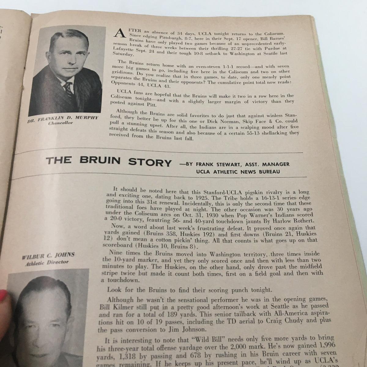 Article page from the October 22, 1960 NCAA Football Stanford Cardinal vs UCLA Bruins The Goal Post, detailing the UCLA Bruins' football history and highlights.
