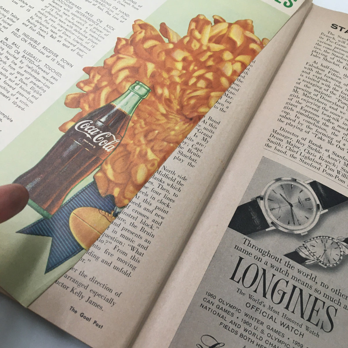 October 22 1960 NCAA Football Stanford Cardinal vs UCLA Bruins The Goal Post - Advertisement featuring Coca-Cola and a vintage illustration within the game booklet.