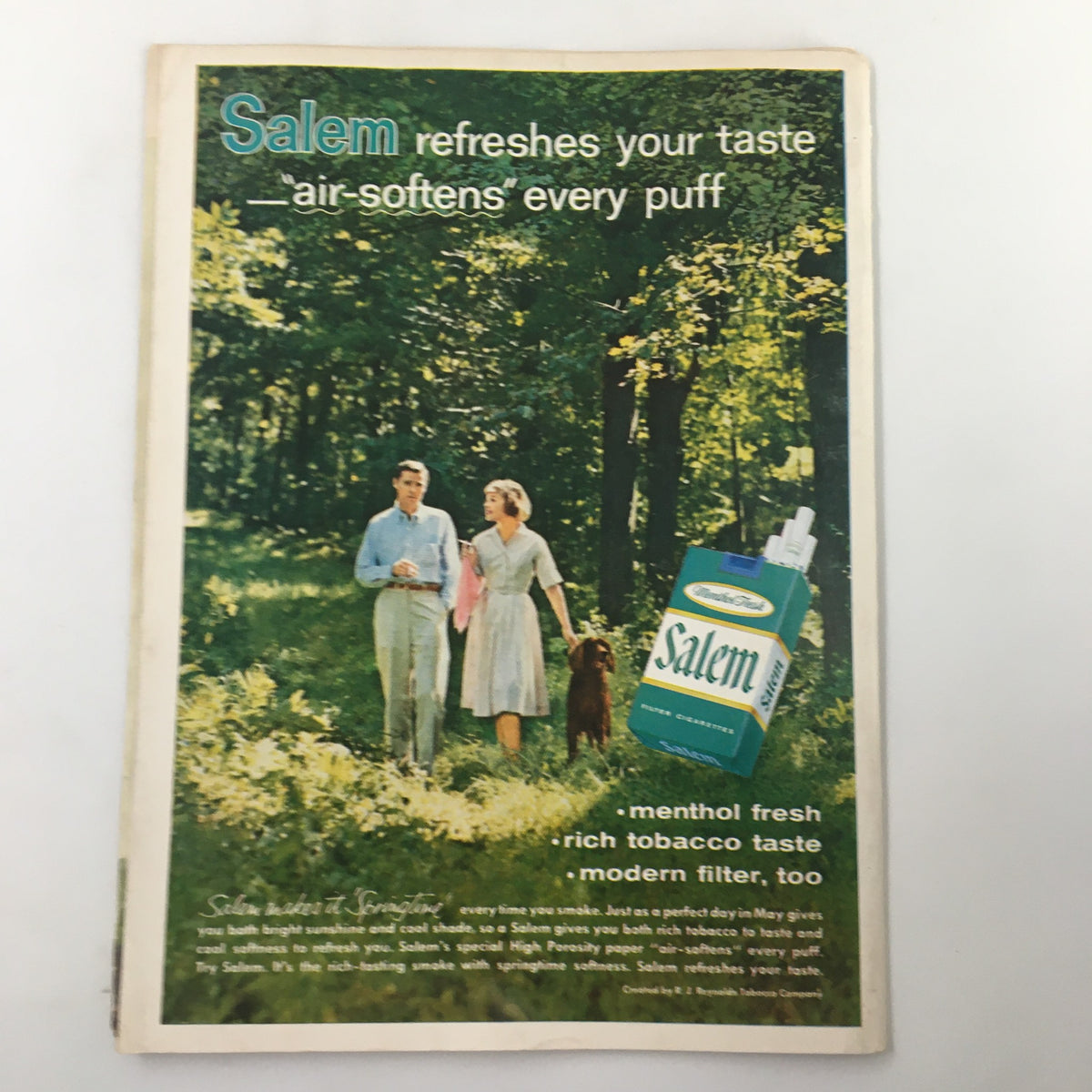 October 22 1960 NCAA Football Stanford Cardinal vs UCLA Bruins The Goal Post - Vintage advertisement for Salem cigarettes depicting a couple in a forest setting.