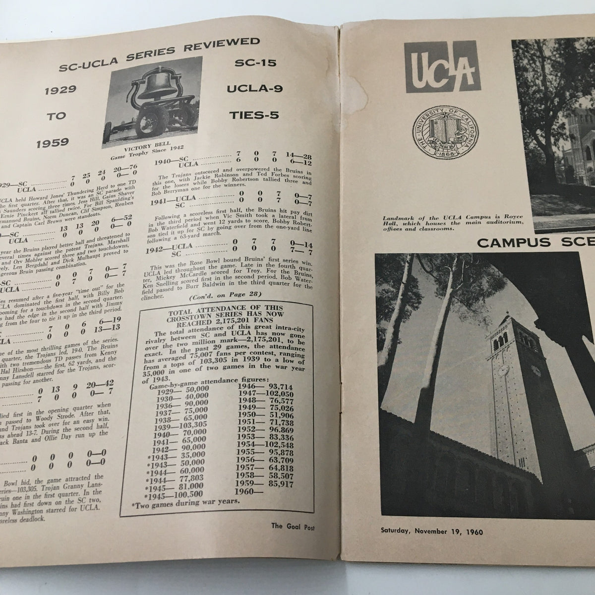 Interior page from 'The Goal Post' booklet featuring historical stats and information about the USC Trojans vs UCLA Bruins series, dated November 19, 1960.