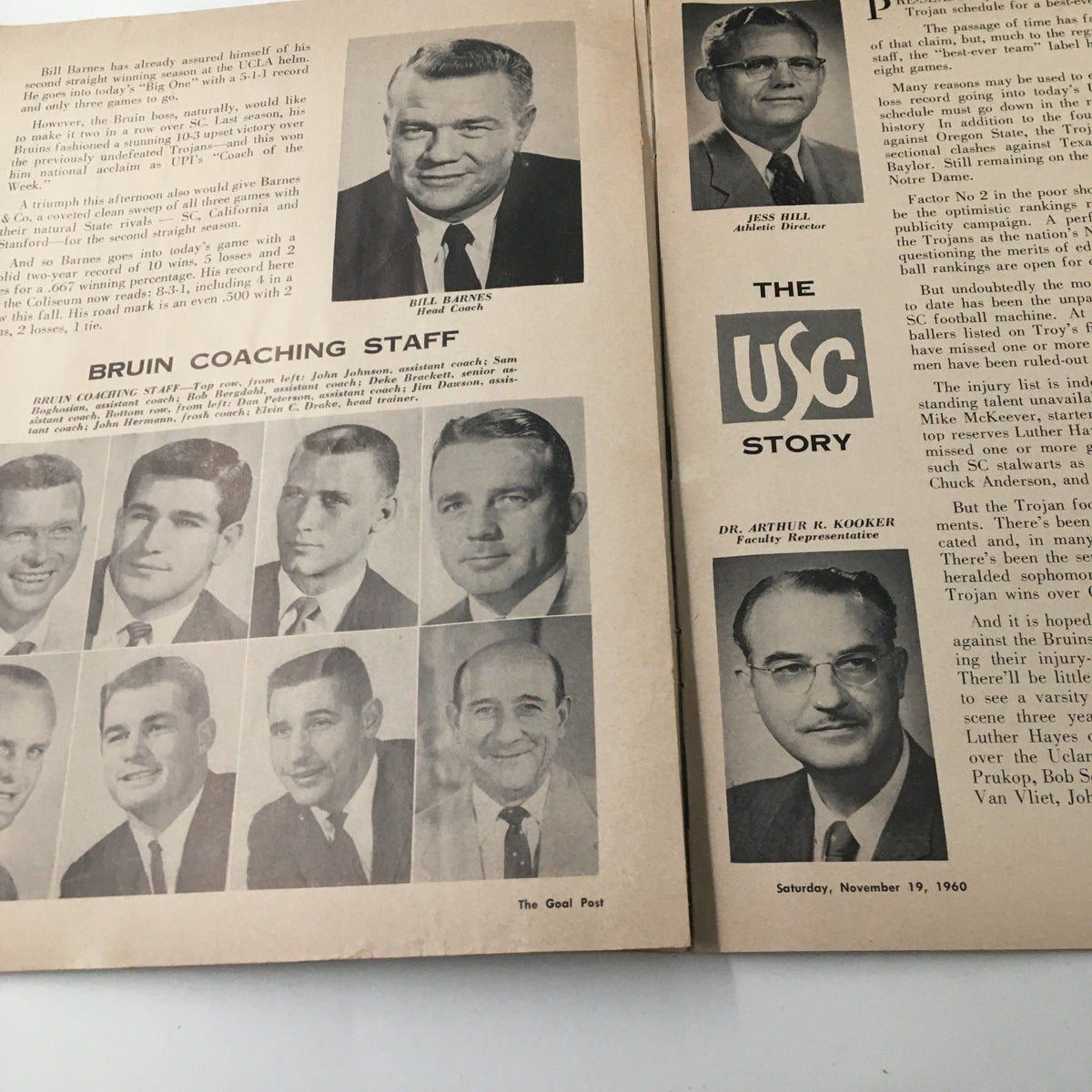 Historic page from 'The Goal Post', featuring the coaching staff of the UCLA Bruins from the November 19, 1960 NCAA Football game between USC Trojans and UCLA Bruins.