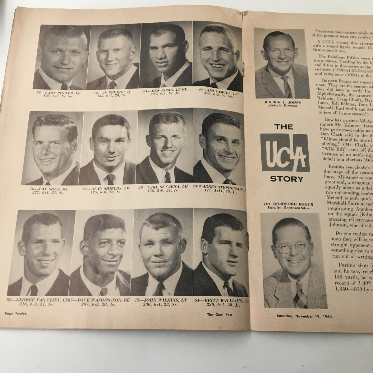 Content from 'The Goal Post' illustrating the UCLA Bruins team roster, presenting player portraits relevant to the November 19, 1960 NCAA Football match against USC Trojans.