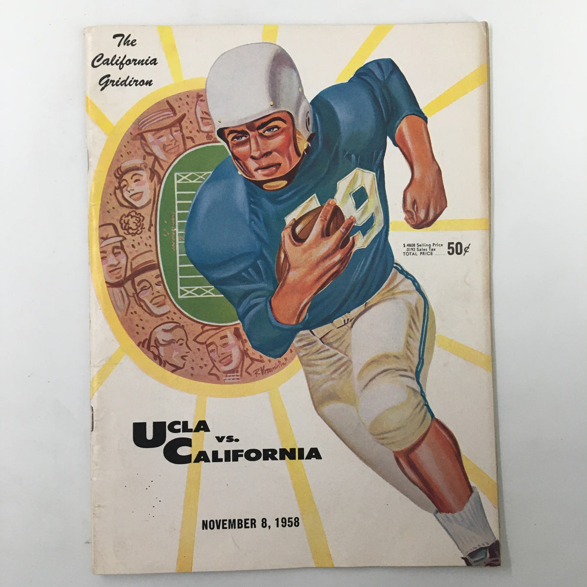 Cover of the November 8, 1958 NCAA Football UCLA vs California The California Gridiron booklet featuring an illustrated player in action.