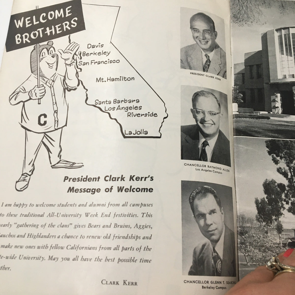 Inside page of the November 8, 1958 NCAA Football UCLA vs California The California Gridiron showing a welcome message and map related to the university.