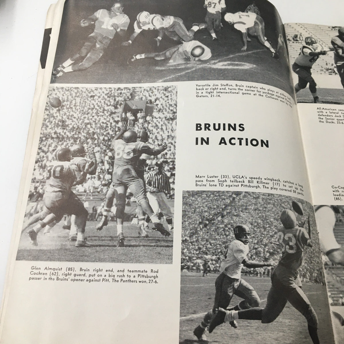Inside action shots from the November 8, 1958 NCAA Football UCLA vs California The California Gridiron, depicting the Bruins in a game.