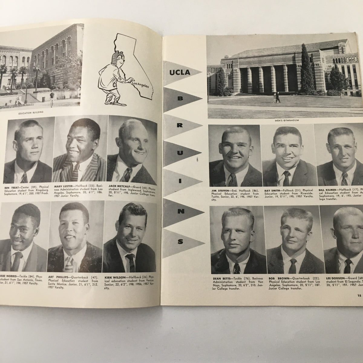 UCLA Bruins team page from 'The California Gridiron' featuring player photos and statistics from the November 8, 1958 NCAA Football match against California.