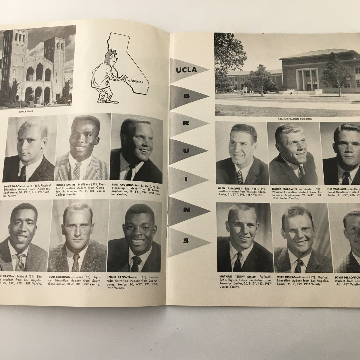 UCLA Bruins roster page from 'The California Gridiron' showcasing player images and details from the November 8, 1958 NCAA Football game versus California.