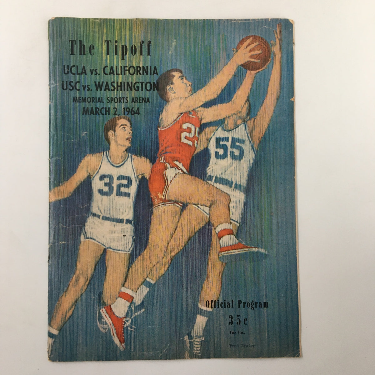 Cover of the official program for the March 2, 1964 NCAA Basketball game between UCLA and California, featuring two players in action, one wearing jersey number 32 and the other wearing jersey number 55.