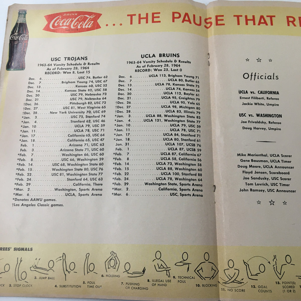 Inside page of the March 2, 1964 NCAA Basketball official program, displaying the USC Trojans and UCLA Bruins varsity schedule and results, sponsored by Coca-Cola.