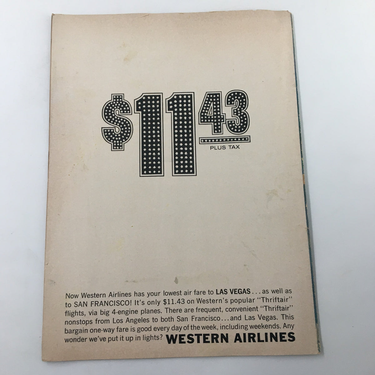 Back cover of the March 2, 1964 NCAA Basketball official program featuring an advertisement for Western Airlines with pricing information.