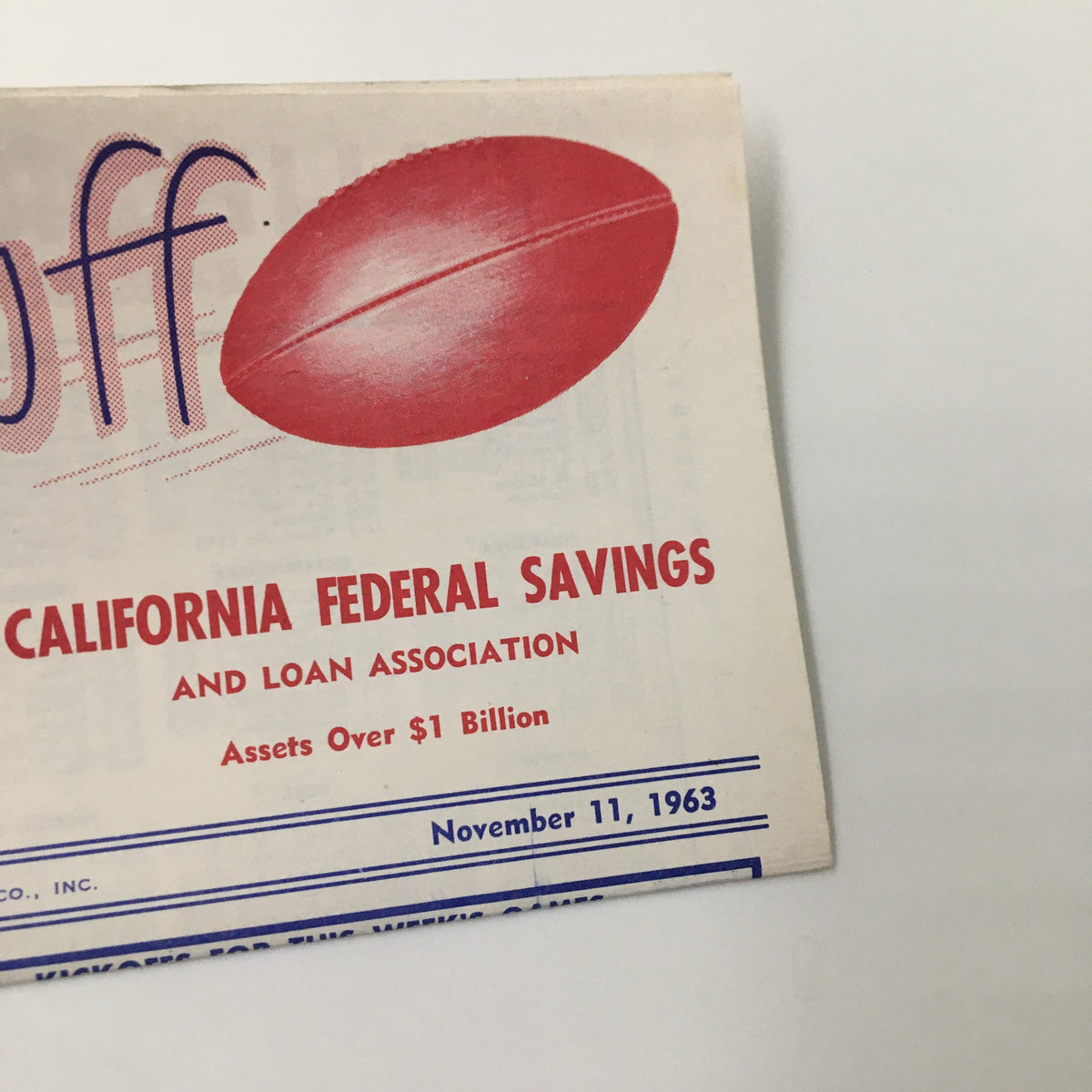 Detailed view of the NOVEMBER 11, 1963 NCAA Football USC Trojans Official Program showing the football and sponsorship from California Federal Savings.