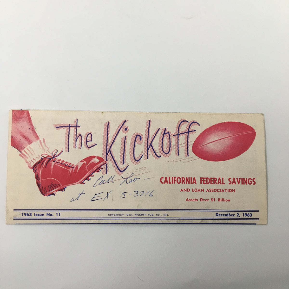 Vintage December 2 1963 NCAA Football USC Trojan Huddle The Kickoff Program featuring a red football shoe illustration with handwritten notes.