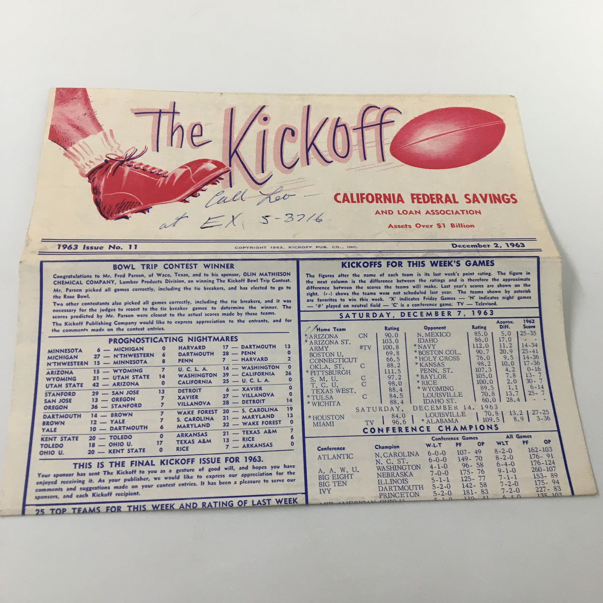 December 2 1963 NCAA Football USC Trojan Huddle The Kickoff Program interior page showcasing details of football match kickoffs and a bowl trip contest.