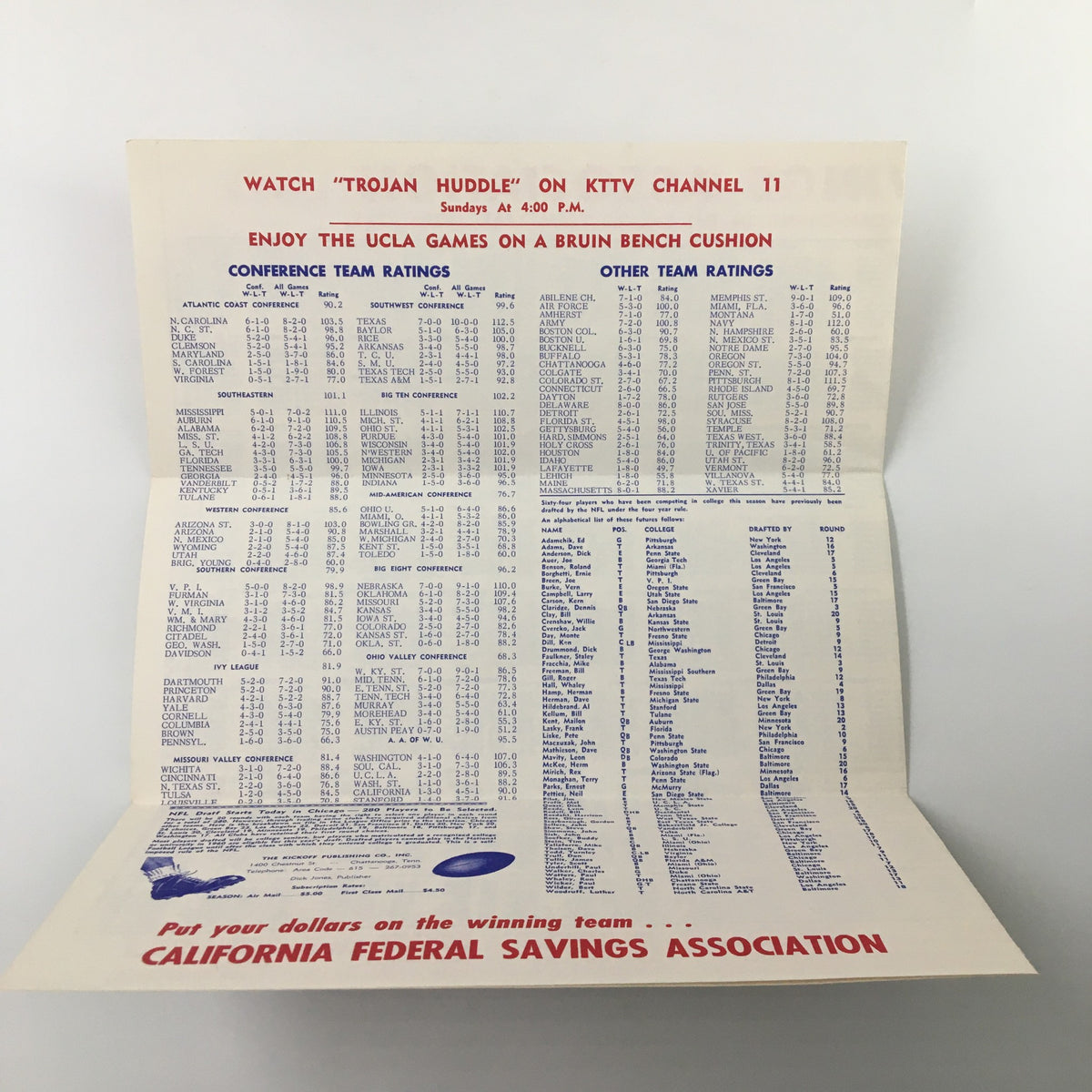 December 2 1963 NCAA Football USC Trojan Huddle The Kickoff Program inside spread listing conference team ratings and promoting Trojan Huddle on KTTV Channel 11.