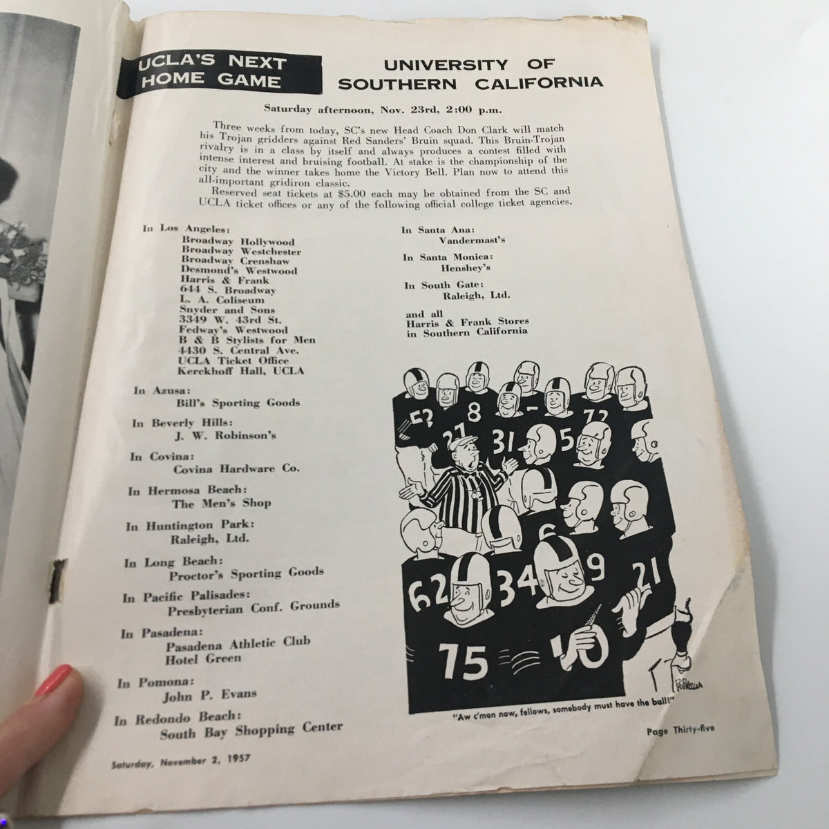 Page inside the official program for the November 2, 1957 NCAA Football game highlighting UCLA's upcoming home game schedule.