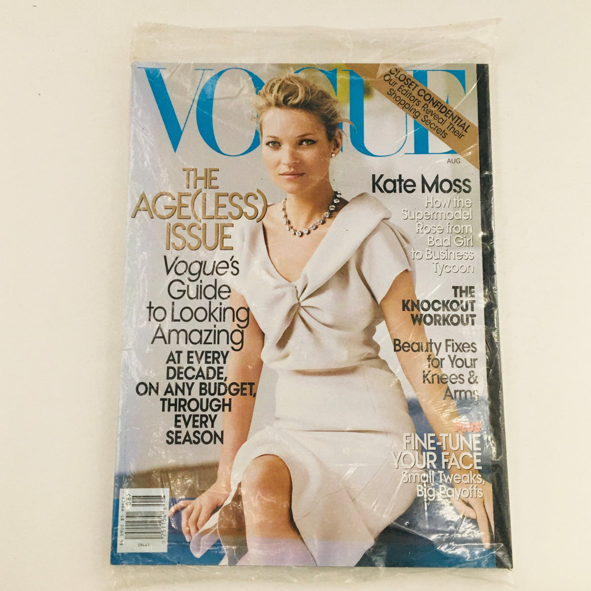 Vogue Magazine August 2008 featuring English supermodel and businesswoman Kate Moss on the cover, highlighting 'The Age(less) Issue' with tips on looks for every budget.