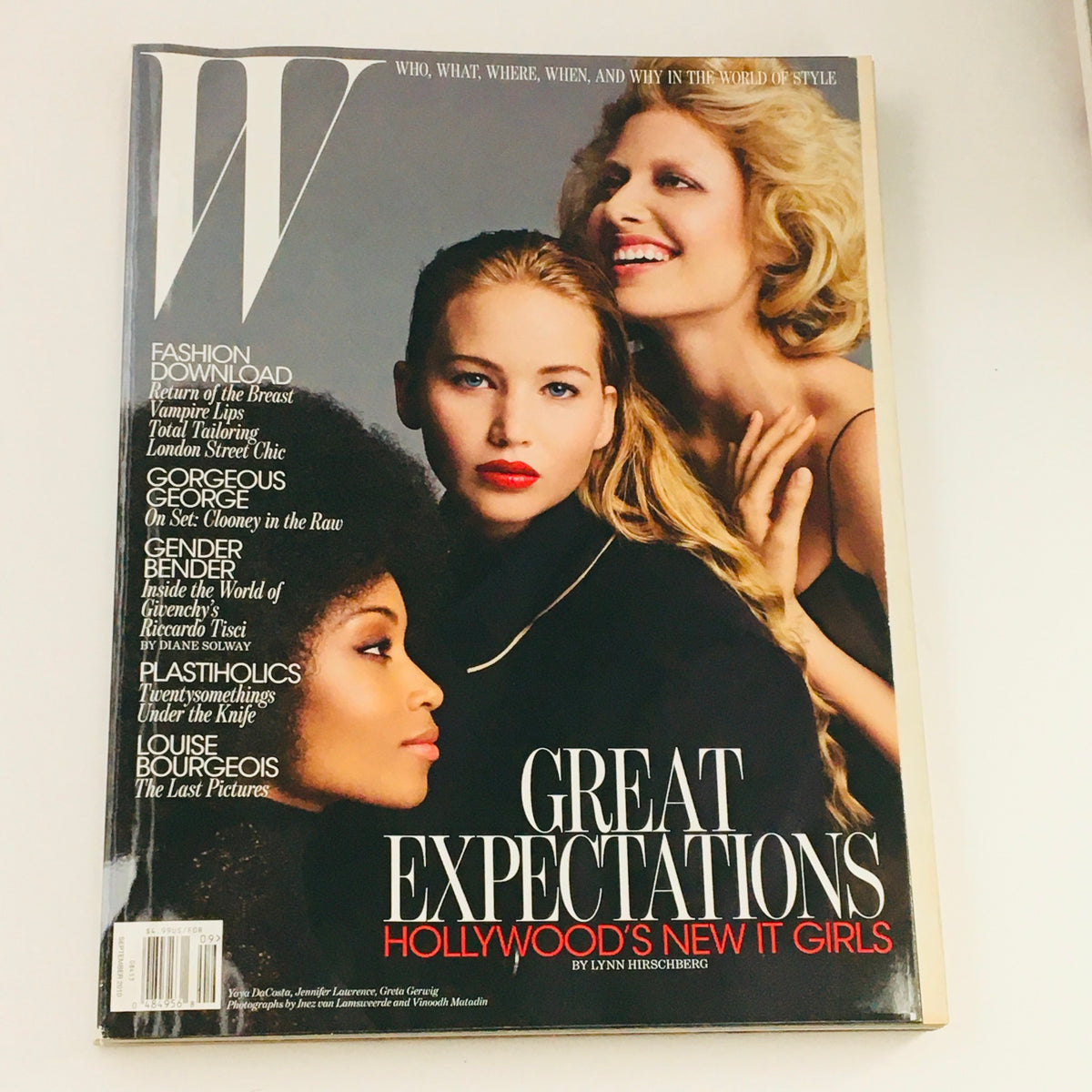 W Magazine September 2010 cover featuring Jennifer Lawrence in 'Great Expectations' alongside two other models, showcasing Hollywood's new generation of actresses.