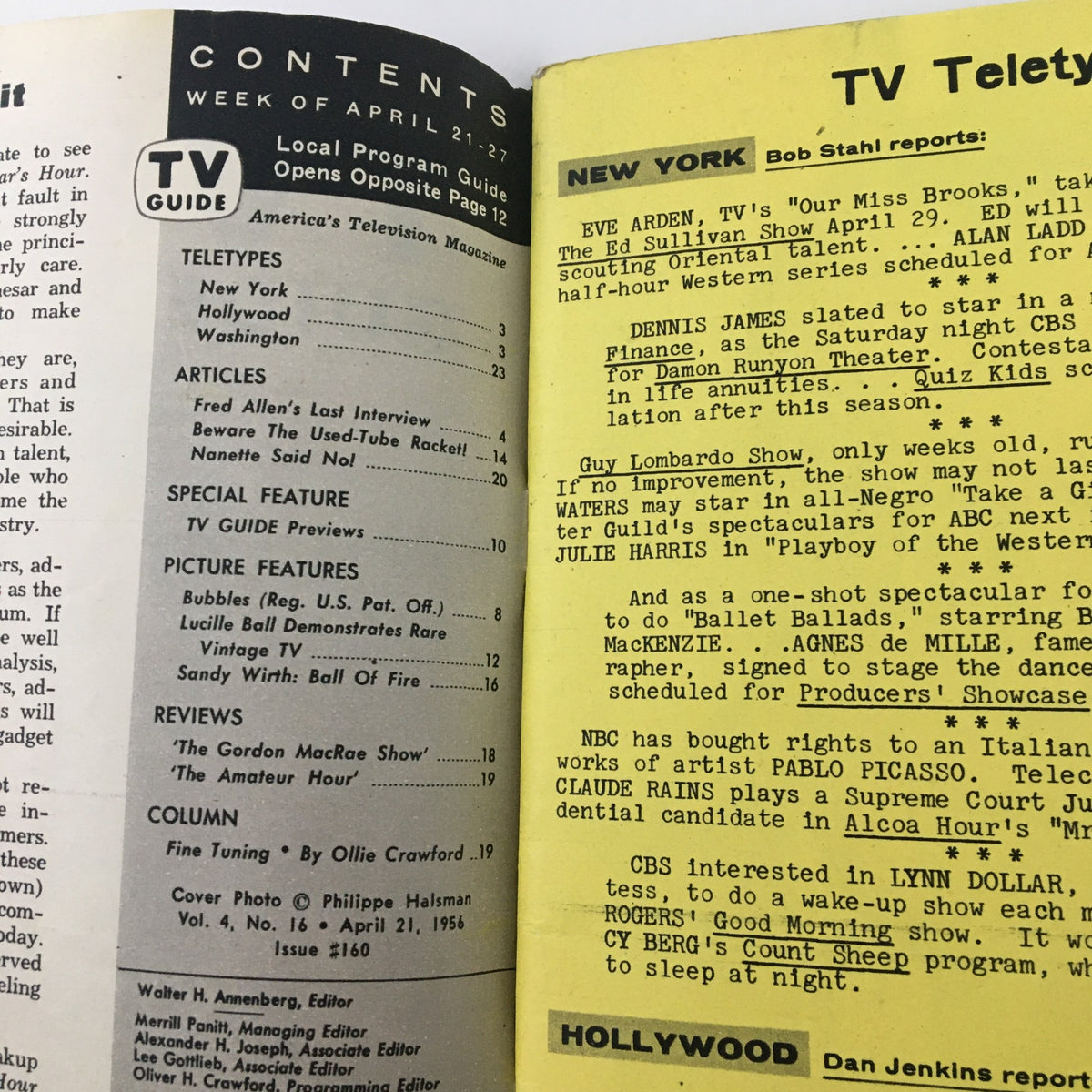 Contents page of TV Guide Magazine April 21 1956, featuring articles and program listings from mid-20th century television.