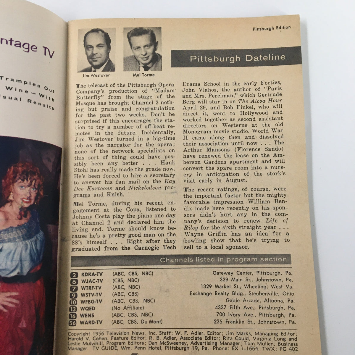 Pittsburgh Dateline section from TV Guide Magazine April 21 1956, highlighting local program information and television personalities.