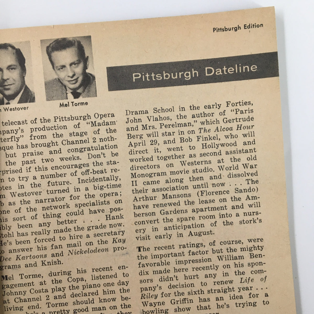 Pittsburgh Dateline article from TV Guide Magazine April 21 1956 featuring Mel Torme and John Vlahos discussing local television and theater productions.