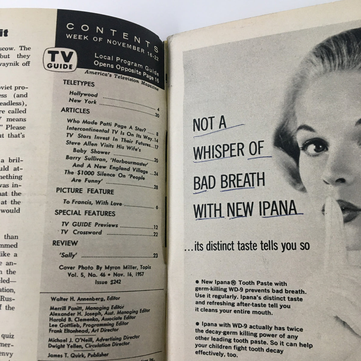 TV Guide Magazine November 16, 1957, showcasing contents including articles about Patti Page, television programming, and advertisements such as an Ipana toothpaste ad.