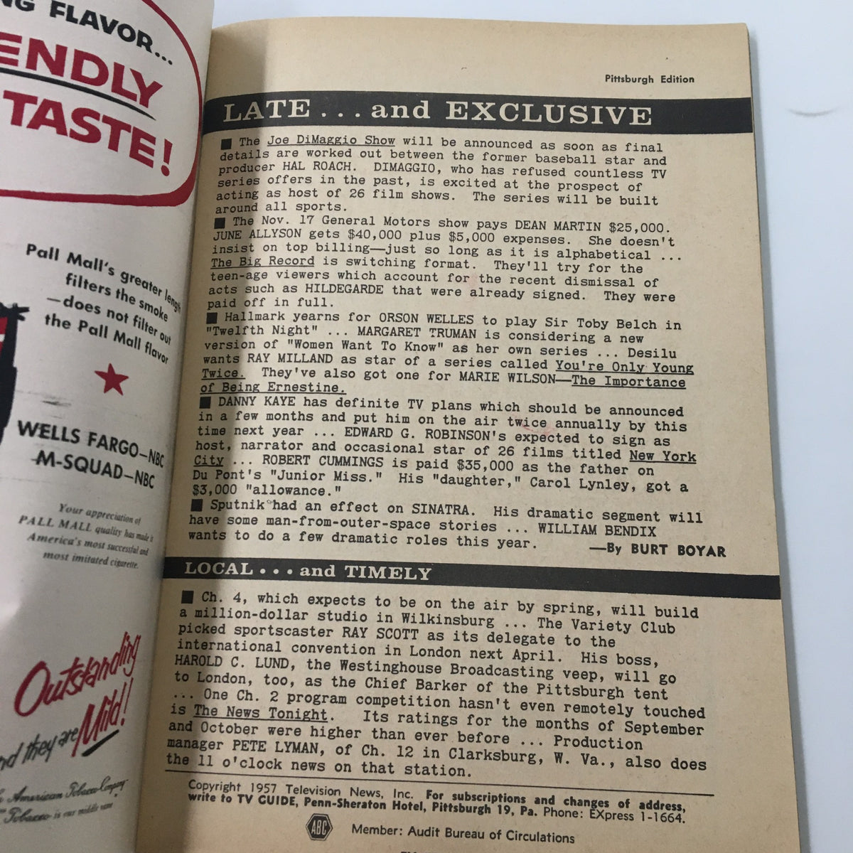 Inside the TV Guide Magazine November 16, 1957, featuring the Pittsburgh Edition with details on local television events and articles, including the Joe DiMaggio Show announcement.