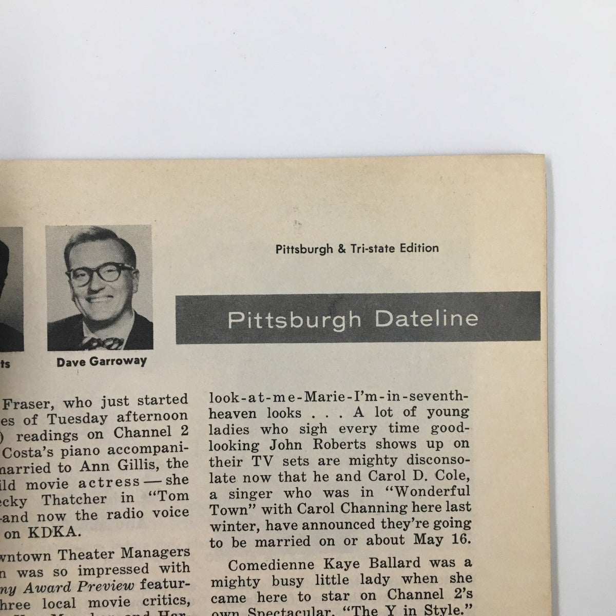 Close-up view of Pittsburgh Dateline in TV Guide Magazine April 16 1955, showcasing John Roberts and Dave Garroway with text discussing local television programming.