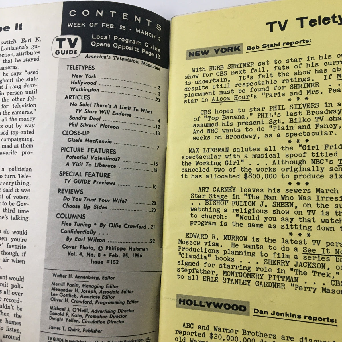 Contents page from TV Guide Magazine February 25 1956 listing articles and features, including a close-up on Gisele MacKenzie.