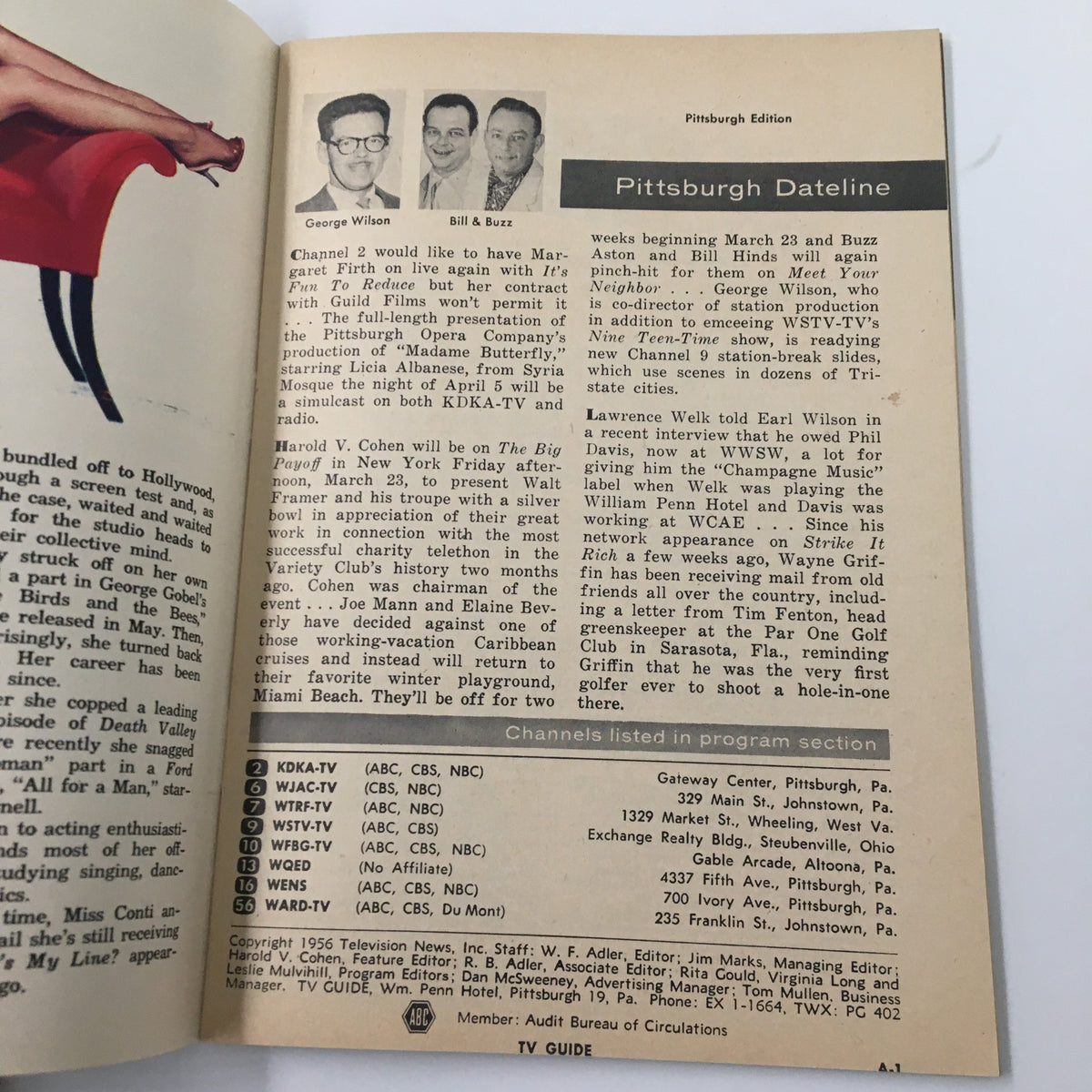 Pittsburgh Dateline section from TV Guide Magazine March 17 1956, showcasing local television programming and notable personalities.